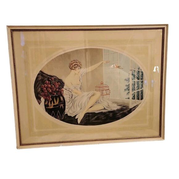 F. G. Henri Art Deco Women Waving Goodbye Bird Flying Out The Window - Picture 1 of 2